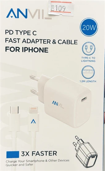 מטען קיר PD20W Anvil עם כבל TYPE C TO IPHONE אורך 1.2מ